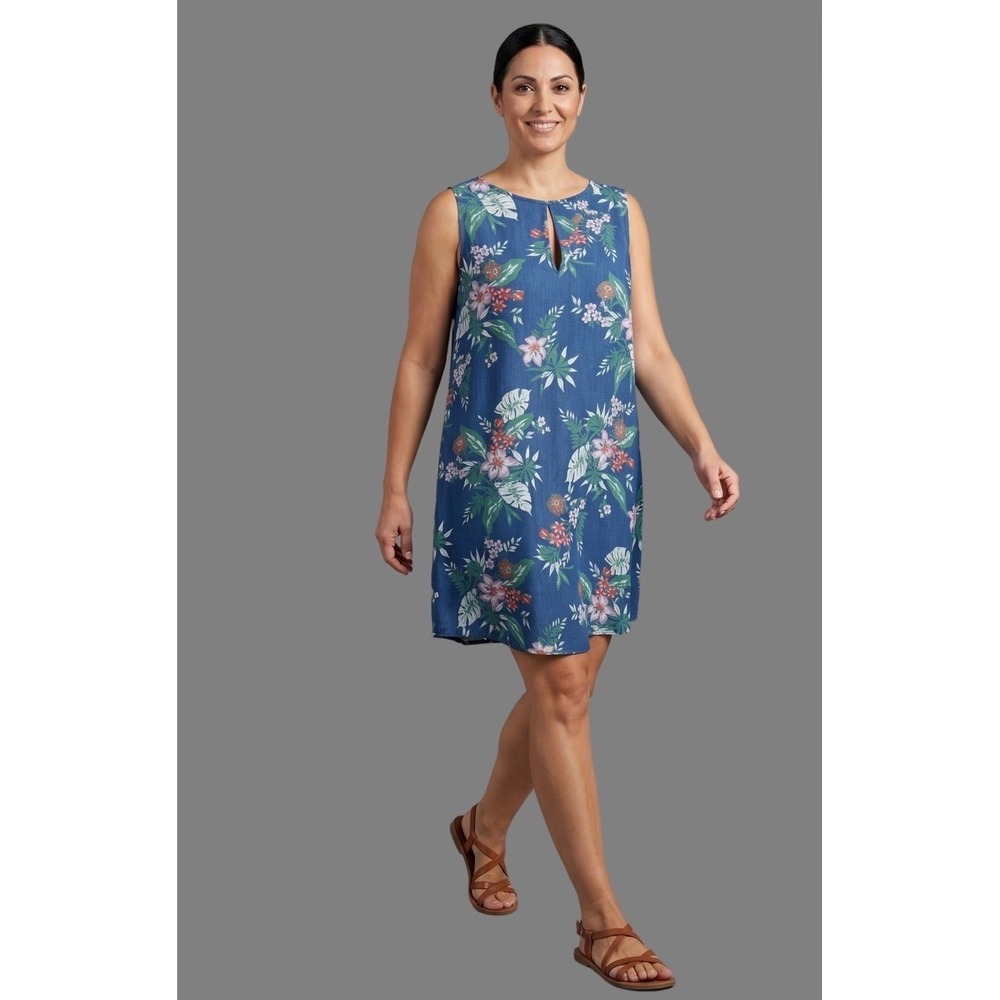 Given Kale Blue Tropical Floral Shift Dress Sleeveless Keyhole Resort Summer 2X